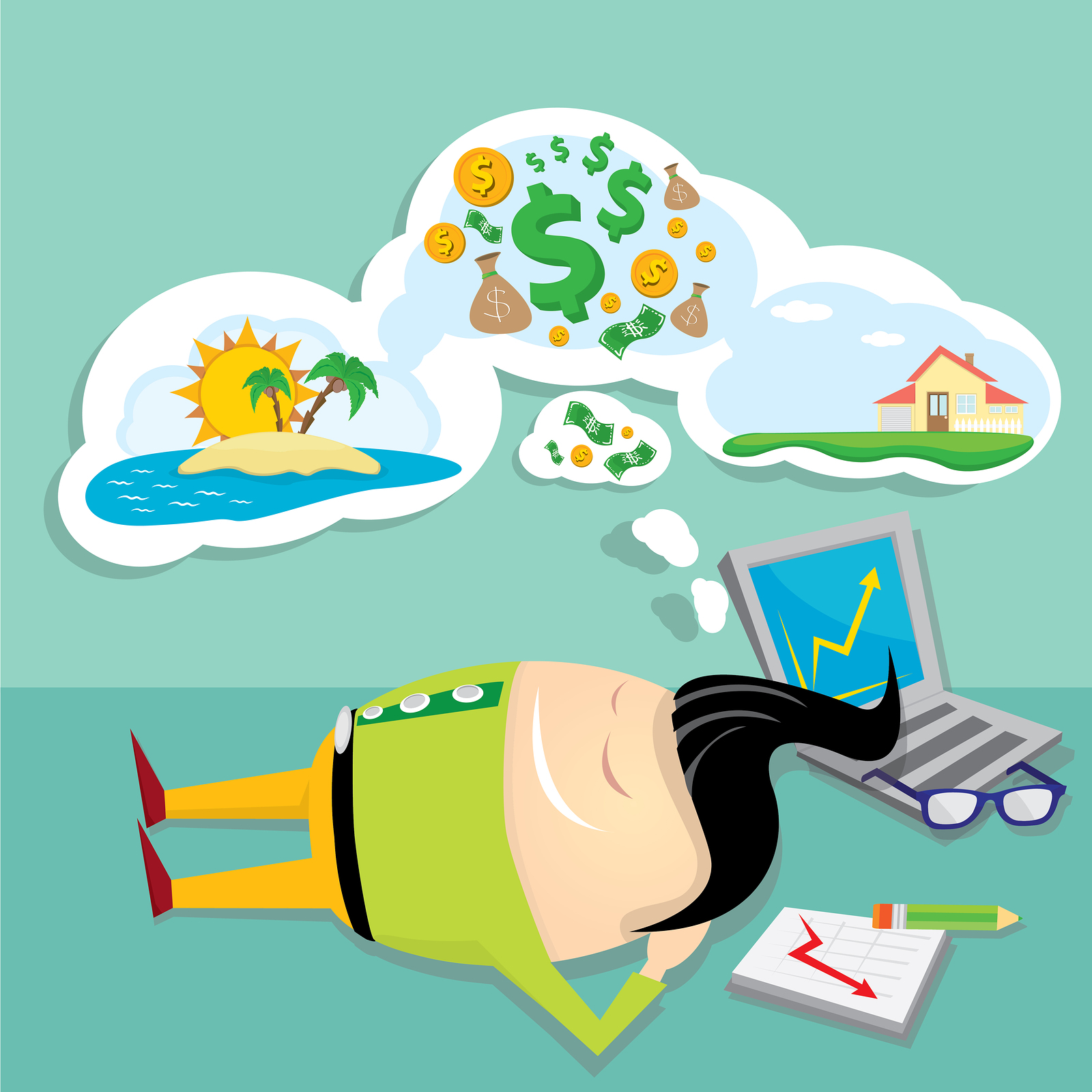 Business man dreaming. Concept of big dreams about money, house and travel. sweet dreams cartoon illustration